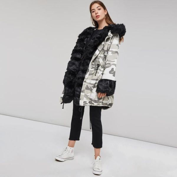 

winter 2020 camouflage jacket coat women parkas oversize 3xl hooded warm long coats plus size outwear faux fur collar overcoat, Black