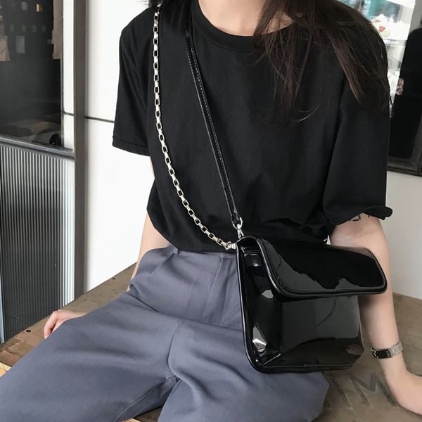 

patent leather women's messenger bag brand design chain sling bag black female crossbody bags mobile wallet bolsa feminina