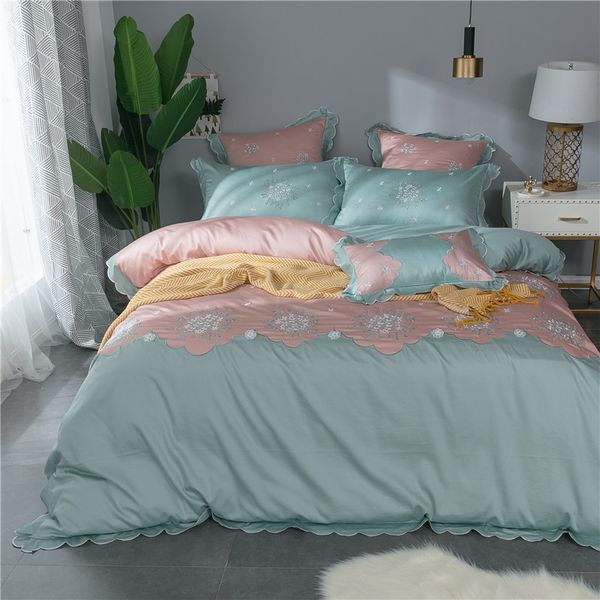 100 Cotton Pink Blue Cute Girls Bedding Set Queen King Size Lace
