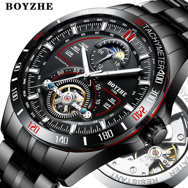 

men automatic mechanical fashion brand sport watch tourbillon moon phase luminous stainless steel mens watches relogio masculino j190706, Slivery;brown