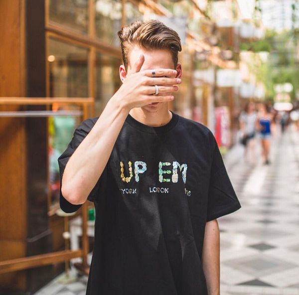 

18ss box logo summer rocks crystals tee color luxury street skateboard fashion short sleeved casual outdoor tour t-shirts hfymtx362, White;black