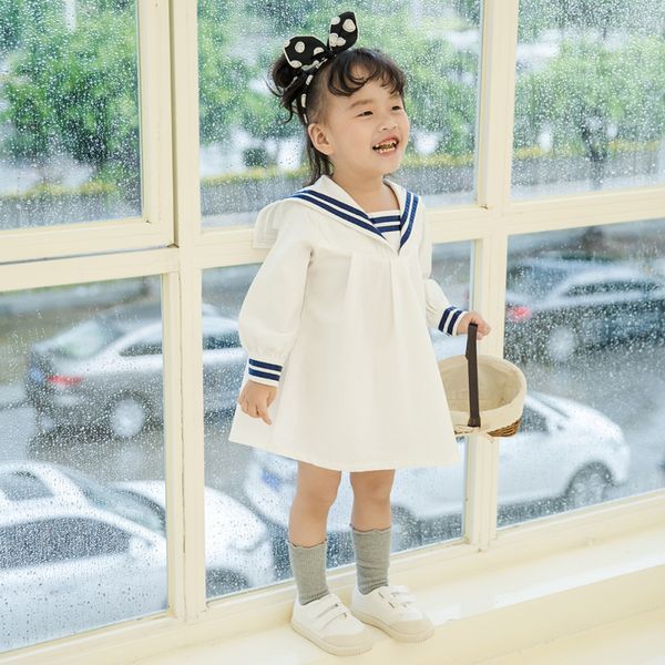 

children autumn casual dress baby girl long sleeve solid color navy style dress for kids girl clothing, Red;yellow