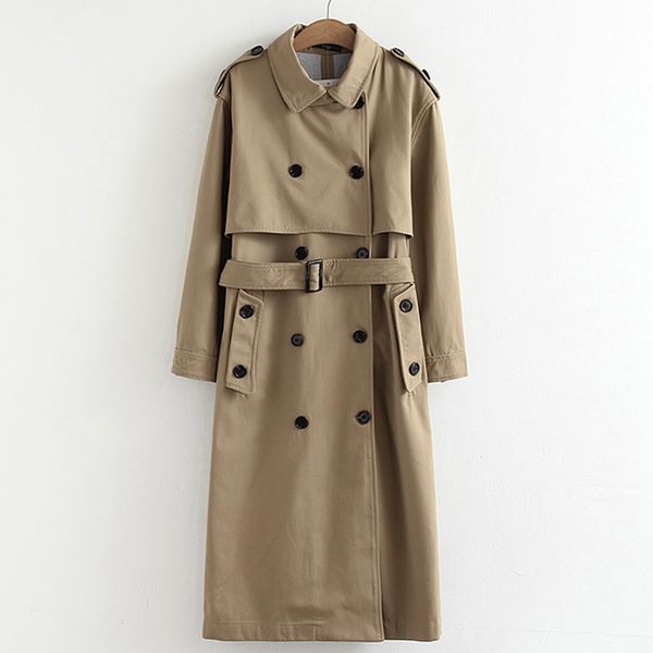 

2019 spring autumn long trench coat women fashion double breasted belt trench coat casual business outerwear pp169, Tan;black