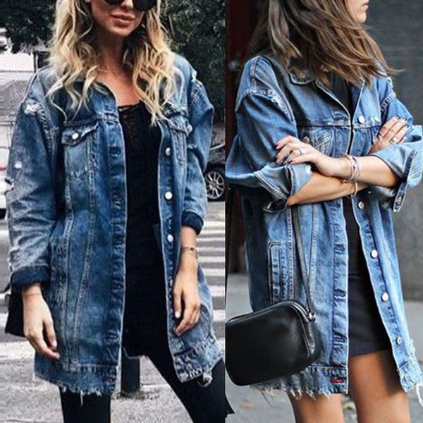 

women vintage jeans coat denim jacket long sleeve loose casual girl outwear s-xl, Tan;black