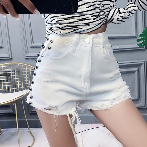 

2019 summer women white mini denim shorts hole rivets decorated fashionable jeans shorts streetwear, White;black