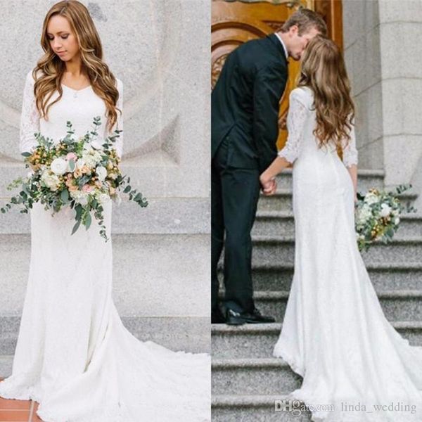 2019 Country Style Vintage bescheidenes Hochzeitskleid A-Linie mit langen Ärmeln böhmische Spitze langes Brautkleid Plus Size nach Maß Vestido De Noiva