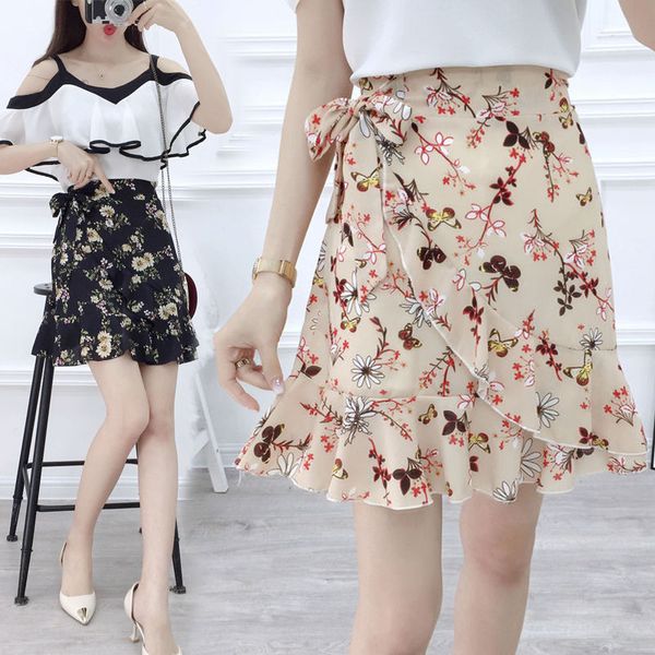 

2020 new summer women casual sweet ruched print ruffles short skirt female printed skirt with chiffon ruffles w22, Black