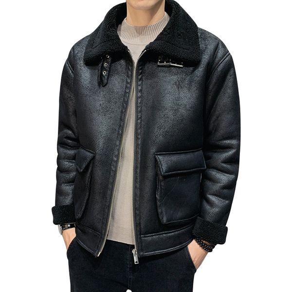 

aboorun men's fashion suede pilot ma 1 jacket thicken fleece warm winter jacket motorcycle biker male r3081, Black