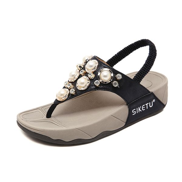 

2020 new european and american sandals womens crystal beaded muffin bottom lightweight wedge foreign trade large size sandals a generation o, Black
