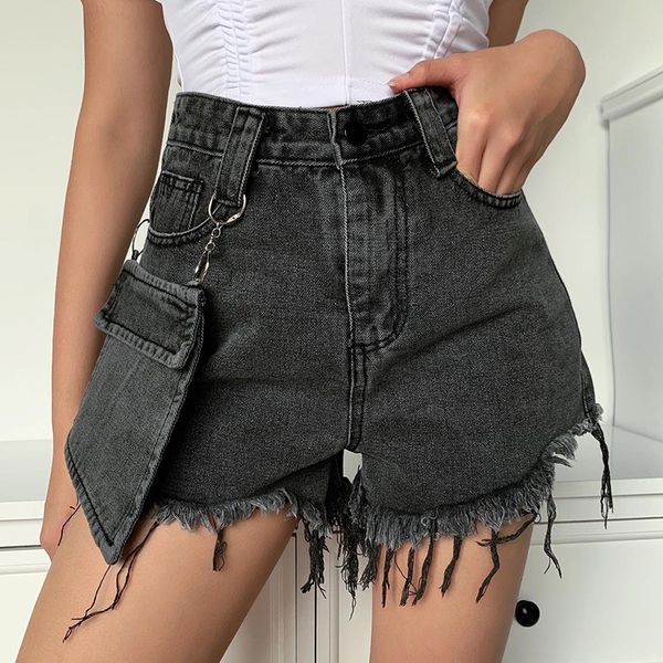 

women's jeans high waist women denim with design tassels pockets black color shorts summer girls female ripped for, Blue