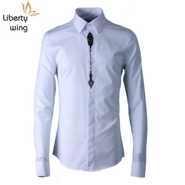 

new mens clothes gothic embroidered men simple fashion flower classic man shirt white black casual male 38-42