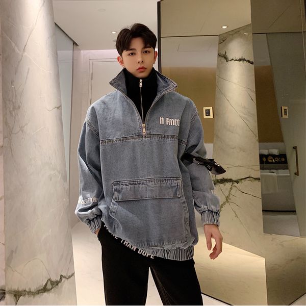 

autumn korean men's blue denim coat fake two denim jacket double collar casual wild youthful jacket high quality, Black;brown