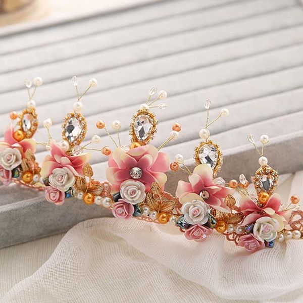 

fashion cute pink ceremic rose flower tiaras headpiece pearl rhinestone headband festival wedding hair jewelry accessories bh, Golden;white