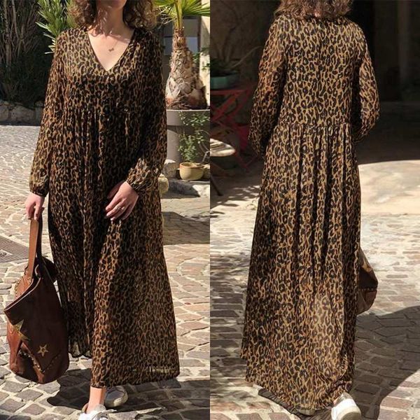 

fashion leopard print maxi dress women's summer sundress zanzea 2019 v neck beach long vestidos female high waist robe 5xl, Black;gray