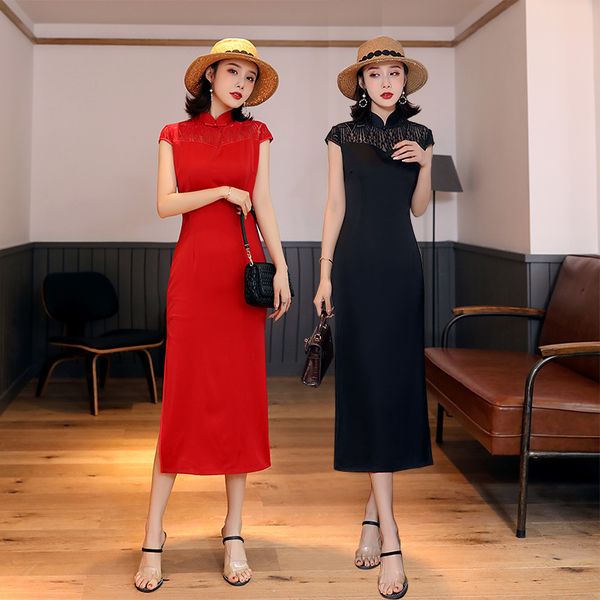 

female long cheongsam spring summer vintage chinese style dress womens qipao slim party dresses vestido -4xl, Red