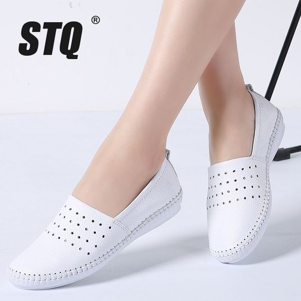 

stq 2019 summer women flats genuine leather ballet flats shoes ladies cutout slip on tenis feminino loafers slipony shoes b17, Black