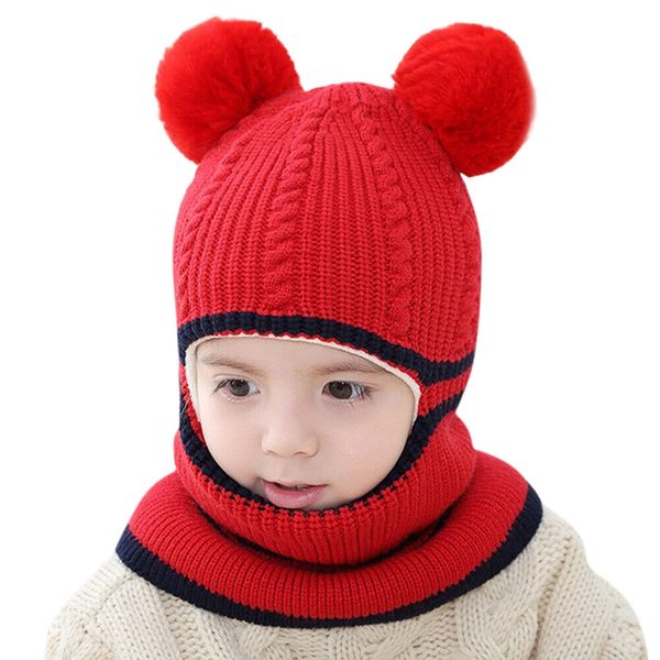 

Boys and Girls Hooded Scarf Hat Winter Warm Children's Bib One-Piece Hat Plus Velvet Thickening Ear Protection Face One Knitted