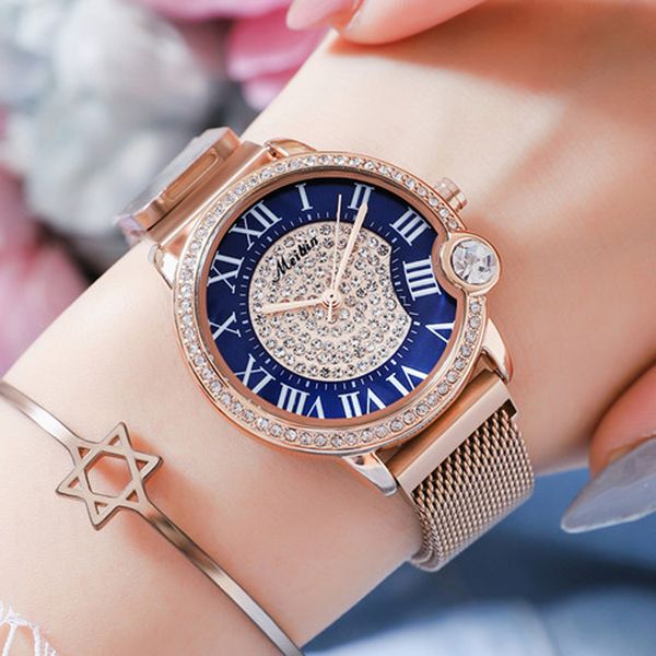 

2019 fashion meibin brand full star rose gold steel exquisite rhinestone girl gift hight quality wrist watches, Slivery;brown