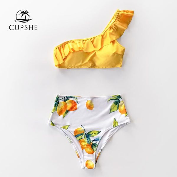 

cupshe yellow lemon print one shoulder high-waisted bikini sets swimsuit two pieces swimwear women 2020 beach bathing suits