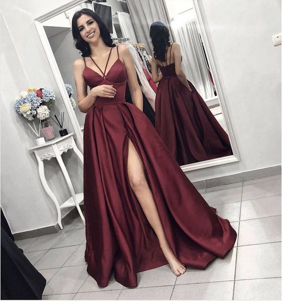 

2019 burgundy high side split a line prom dresses spaghetti straps long prom gowns evening dresses special occasion dresses cheap, Black