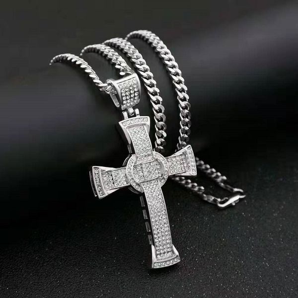 

iced out cross pendant necklaces for men women luxury designer mens bling diamond cross pendants cuban link chain christian necklace jewelry, Silver