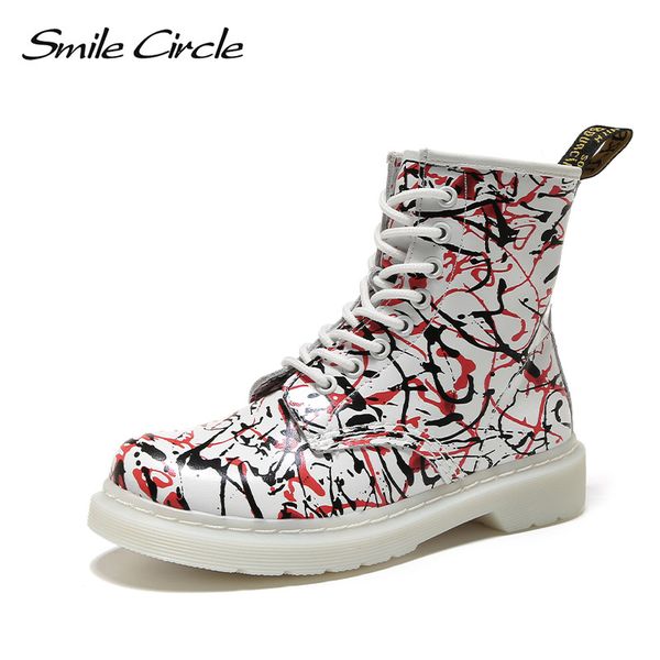 

smile circle short boots women genuine leather flat platform shoes lace-up fashion graffiti low heel ladies boots 2019, Black
