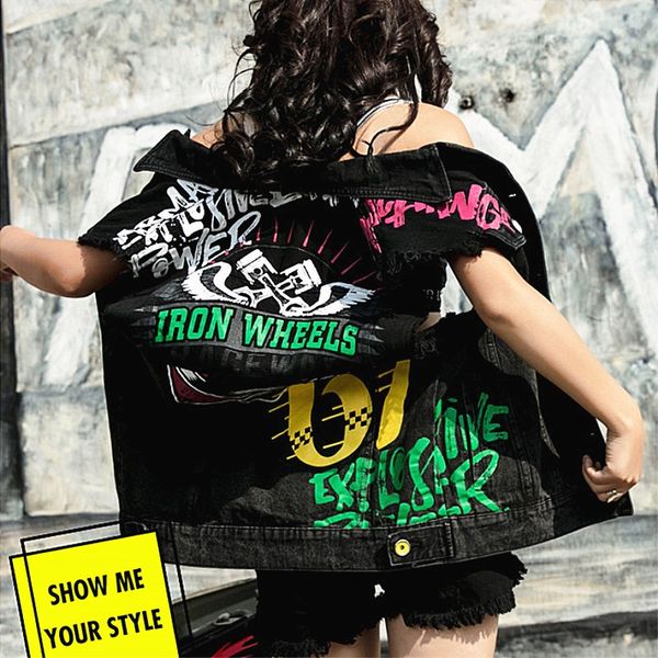 

moto denim jacket women sleeveless coat graffiti punk print jeans vest women outerwear coat loose cool rock clothing nz88, Black;brown
