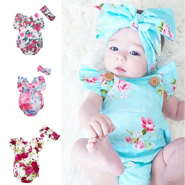 

newborn baby onesies infant girl flower dot sleeveless climbing suit baby girl designer clothes with headbands, Blue