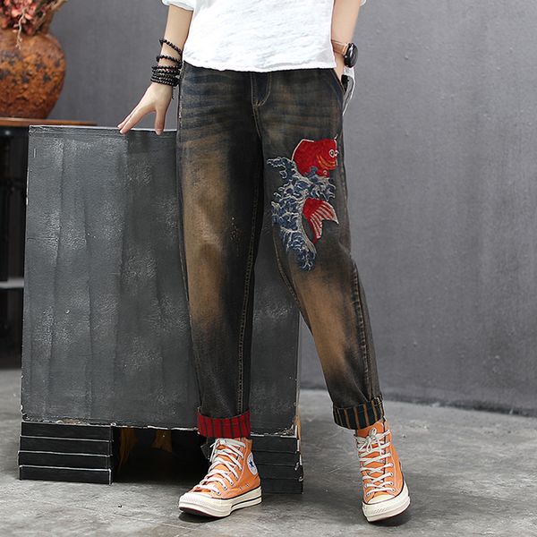 

women jeans denim pants goldfish embroidery bleached retro vintage fashion casual big loose long for autumn winter az24321619, Blue