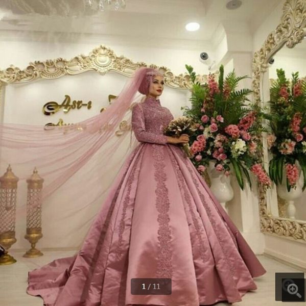 

2019 new arrival modest ball gown rose pink lace appliques prom dress long sleeve high neckline modest muslim prom gowns selling, Black