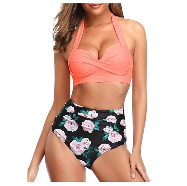 

bras sets 2021 selling tankinis women vintage biquini retro halter ruched high waist print bathing suit brazillian female intimates, Red;black
