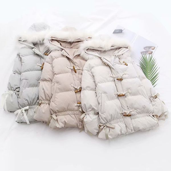 

2019 warm thick coats women jackets new fashion horn buckle fur hooded casual cotton parka female outerwear coats autumn winter, Black