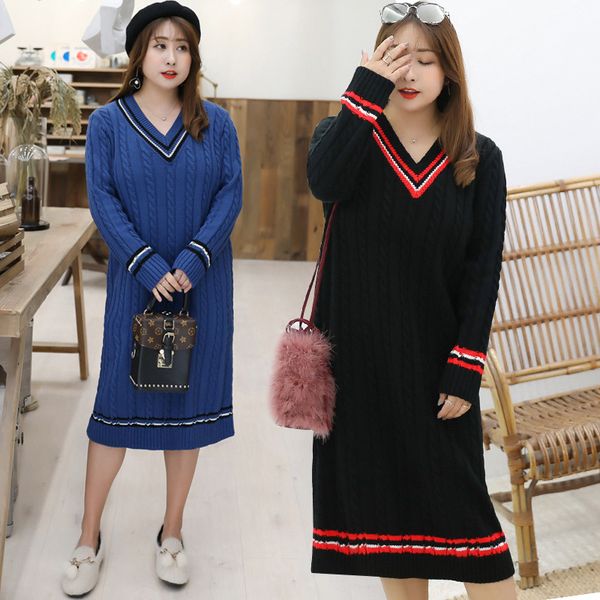 

2019 new women sweater dresses long sleeve knitted turtleneck thick warm slim dresses brand winter v-neck dress plus size, White;black