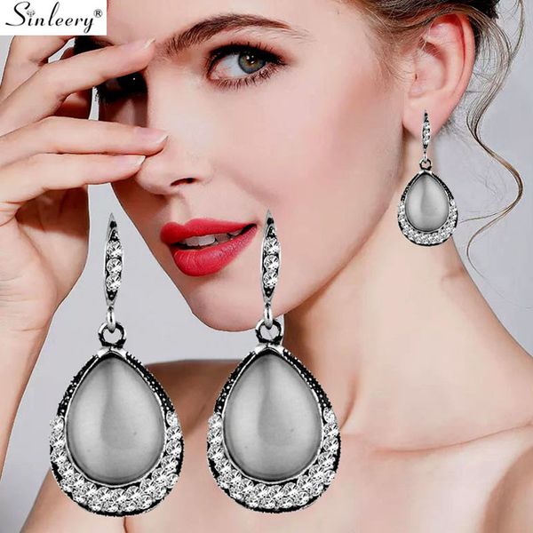 

sinleery vintage water drop white pink black opal stone dangle earrings for women antique silver color jewelry accessories es527