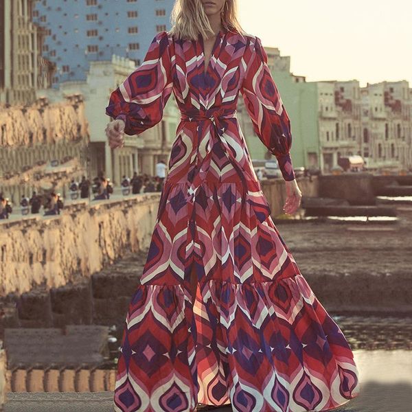 

womens dress fashion geometric print v-neck long-sleeved high waist tie large swing dress dress female, Black;gray