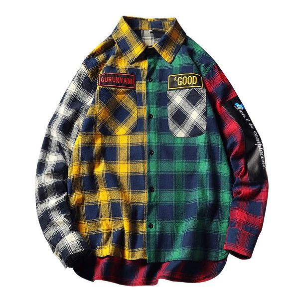 

2020 autumn casual plaid shirt men's tide contrast color printed pockets harajuku cardigan men's long-sleeved shirt top, White;black