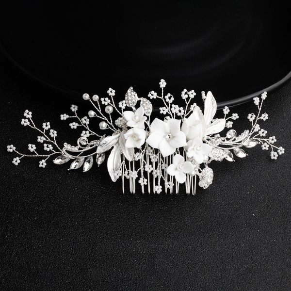 

white flower silver leaf rhinestone hair combs wedding hair accessories bridal women pearl hair ornament head decoration, Golden;white