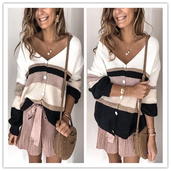 

womens single breasted casual womens clothing contrast color women sweaters v neck cardigan striped printed, White;black