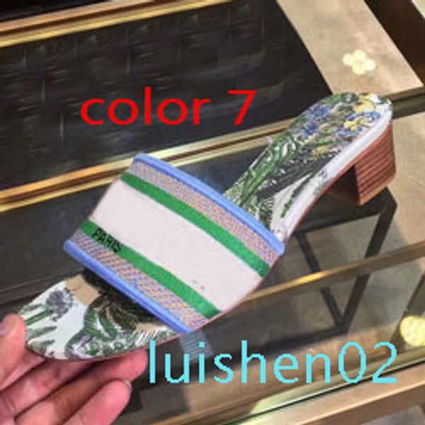 

fashion medium heel slippers summer luxury woman beach alphabet slippers designer rough sandals knitted cloth embroidery woman shoe as01, Black