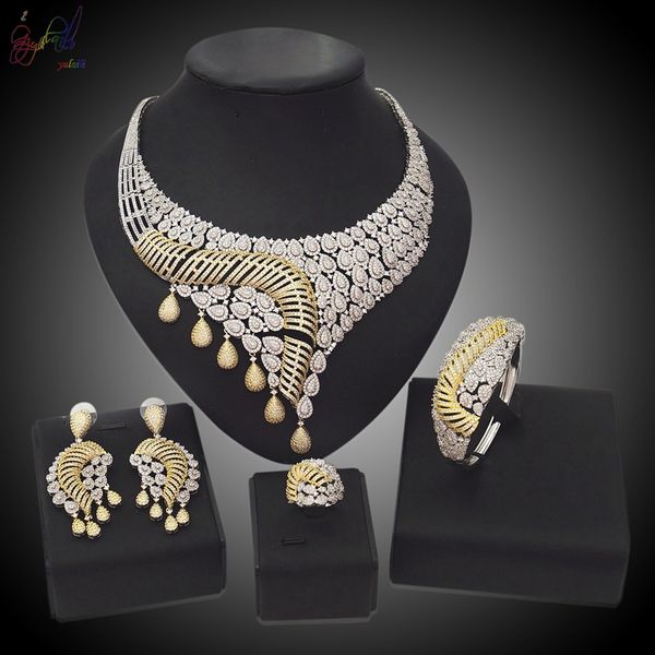 

yulaili environmental protection brass america heart&arrows natural zircon gold and white double color wedding jewelry sets, Black