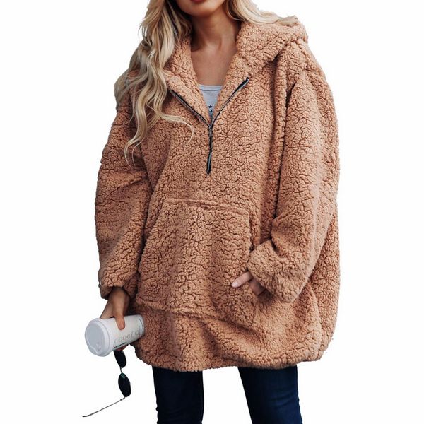 

nibesser women faux lambswool thick women jacket coat oversized winter warm teddy coat hooded fur outerwear female overcoat, Black