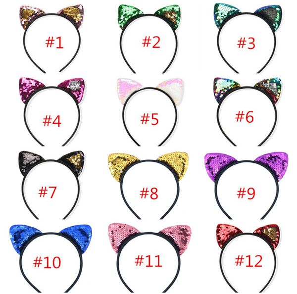 

cute cat ear sequins hair bows hoop reversible sequin headband baby girl hair sticks band child headdress for girls hair accessories dhl, Slivery;white