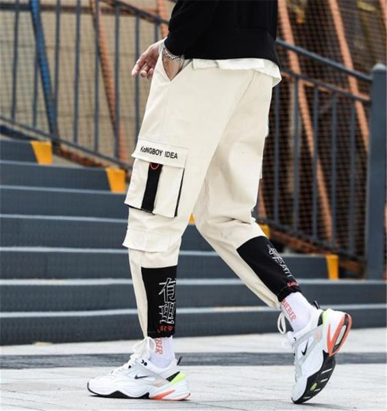 

new hip hop letter ribbons joggers cargo pants for men block hit color pocket track pants male trousers sweatpants streetwear, Black