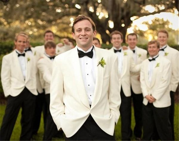 

ivory one button mens suits shawl collar formal en groom terno slim fit masculino custome man tuxedos jacket + black pants, White;black