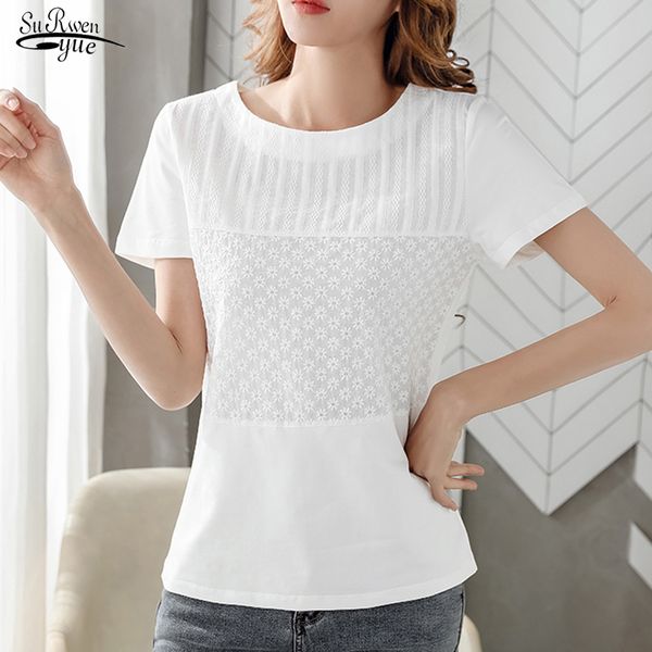 

new 2020 women's summer solid ladies short sleeve round collar white blouse floral lace shirts blusas mujer de moda 8586 50