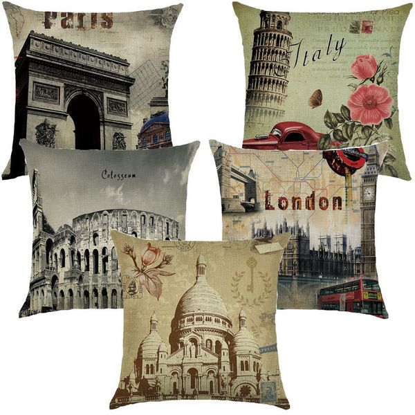 

урожай наволочка печатного pillowcase лондон париж рим исторические места хлопок лен гостиная cushions подушка обложка 40567
