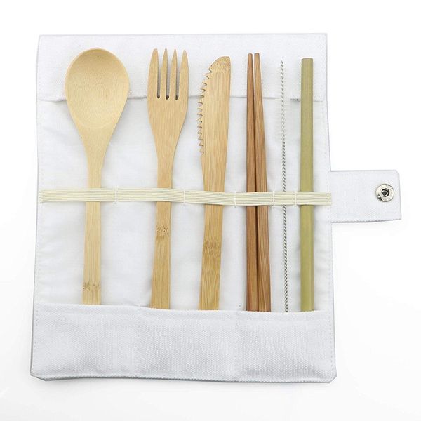 

reusable wooden flatware cutlery set bamboo straw dinnerware set with cloth bag knives fork spoon chopsticks bamboo utensils cutlery set