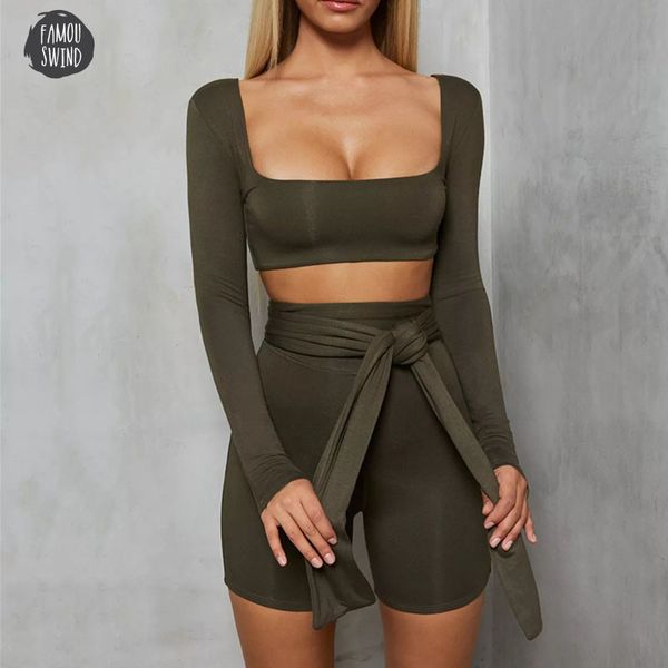 

autumn long sleeve two piece set square collar stand collar drawstring crop and set backless casual women shorts set, Gray