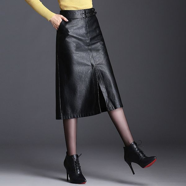 

pu leather skirts womens faldas 2019 autumn winter new high waist slim midi long skirt faldas mujer moda jupe femme jupe longue, Black;gray