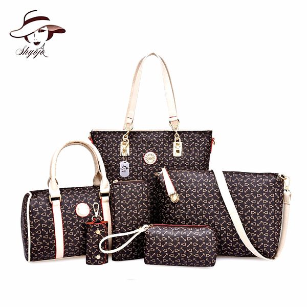 

2019 new women handbags 6 pcs composite bag pu leather fashion sweet ladies shoulder bags black colors set bags
